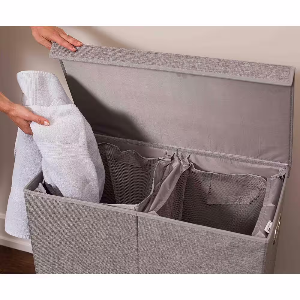 BirdRock Home Grey Double Linen Laundry Hamper with Lid and Removable Liners