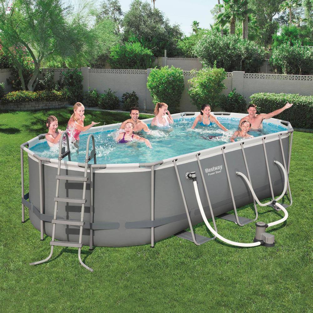 None 18 ft. x 9 ft. Oval-Shaped 48 in. D Above Ground Pool Set with Pump and Cleaning Kit, Metal Frame Pool