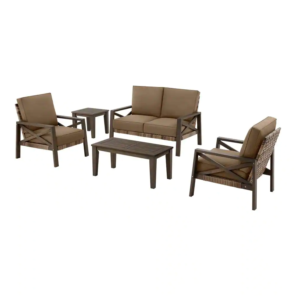 Hampton Bay Lakehaven Dark Grey 5-Piece Wood Patio Conversation Set with CushionGuard Earth Brown Cushion