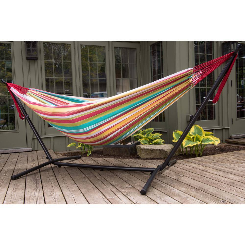 Vivere 9 ft. Black Frame Outdoor Relaxation Cotton Hammock Combo with Steel Stand and Carry Bag in Salsa