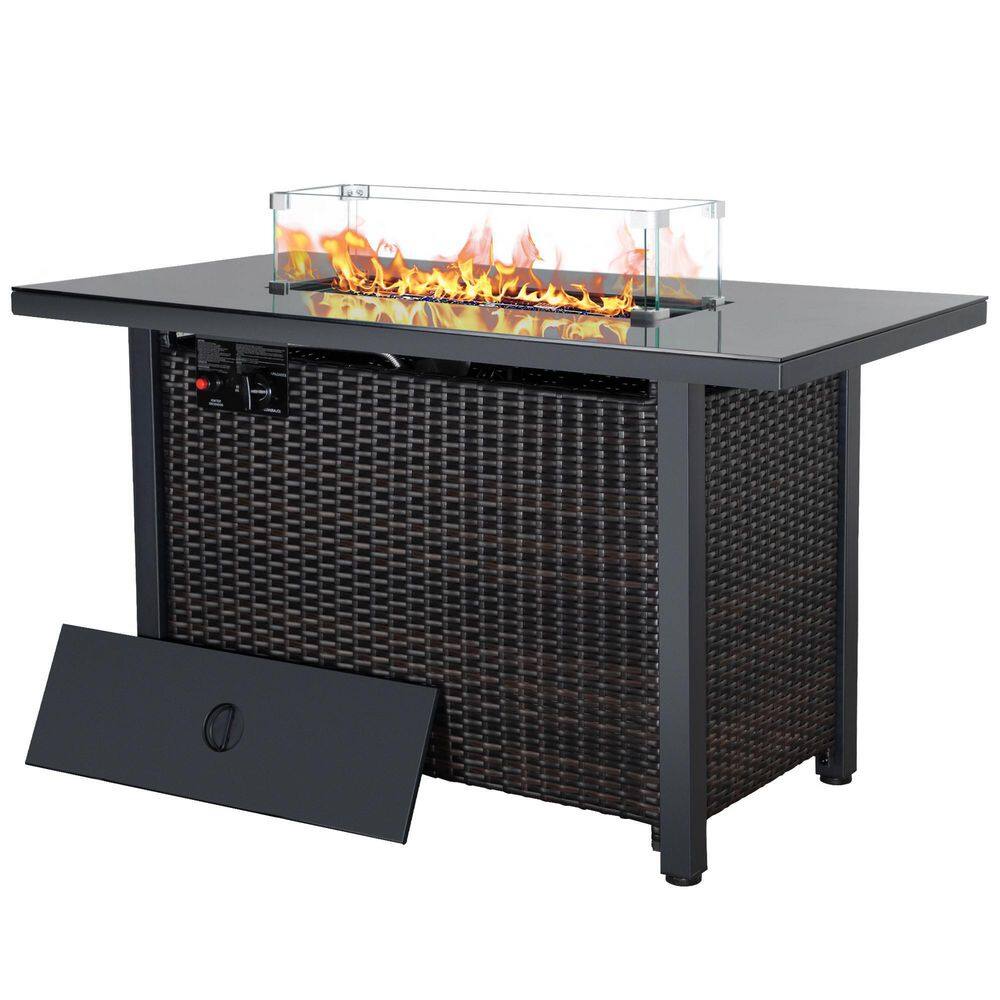 None Modern Black Rectangle Shape Wicker Fire Pit Table with Lid