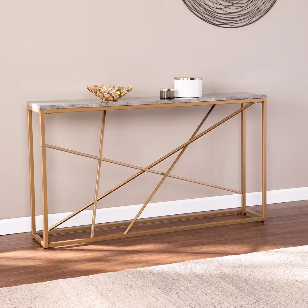 Southern Enterprises Salla 52 in. Gold/Gray Faux Marble Standard Rectangle Composite Console Table