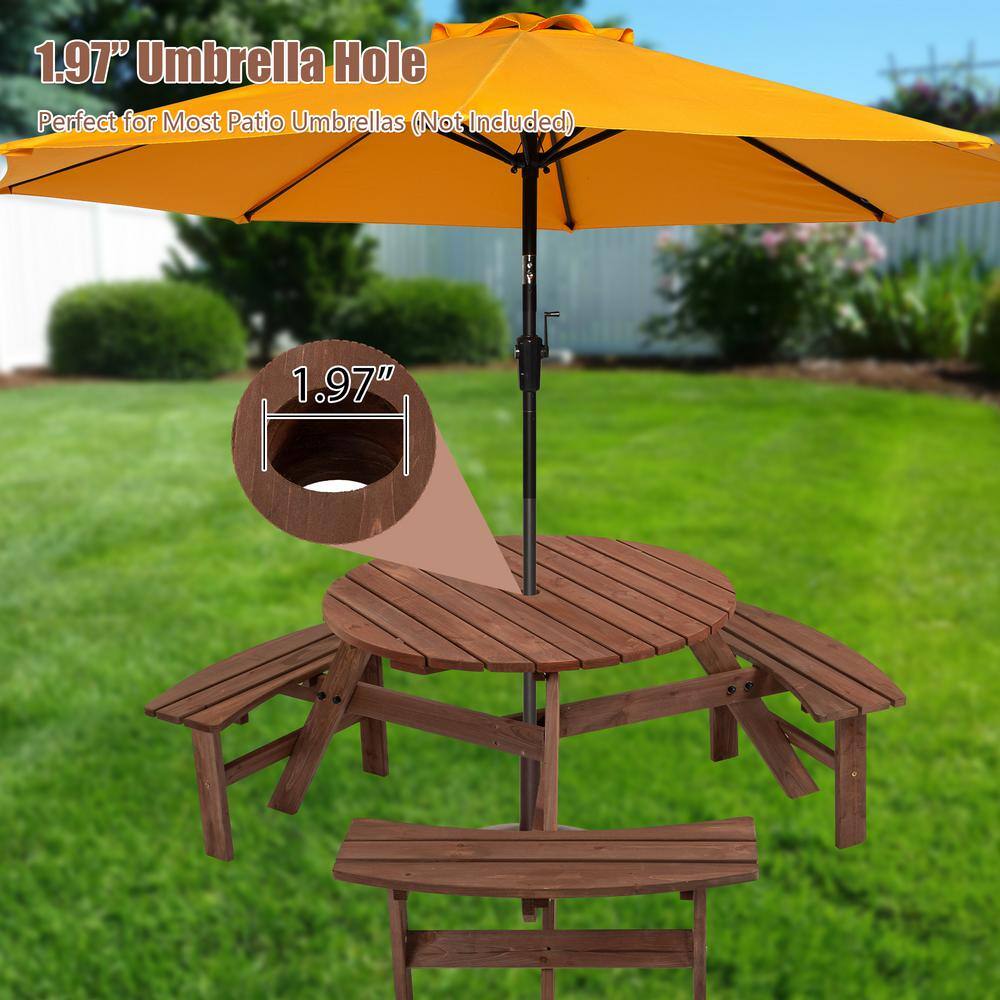None 6-Person Wooden Picnic Table with 3 Built-in Benches and Umbrella Hole
