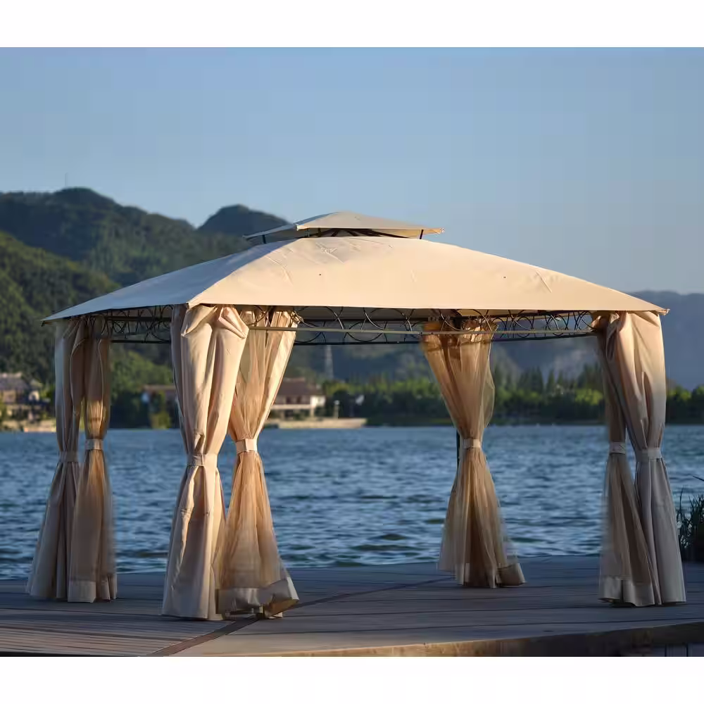 Anvil 10 ft. x 12 ft. Beige Outdoor Gazebo Canopy with Double-Tiered Vented Top and Mesh Nettings