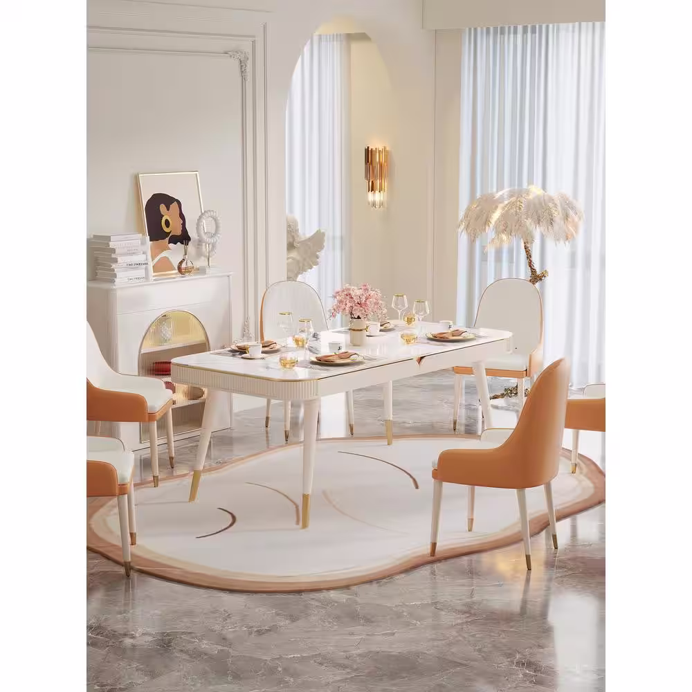 JASIWAY 63 in. Rectangle Beige Sintered Stone Top Dining Table with Solid Wood Legs (Seats 6)