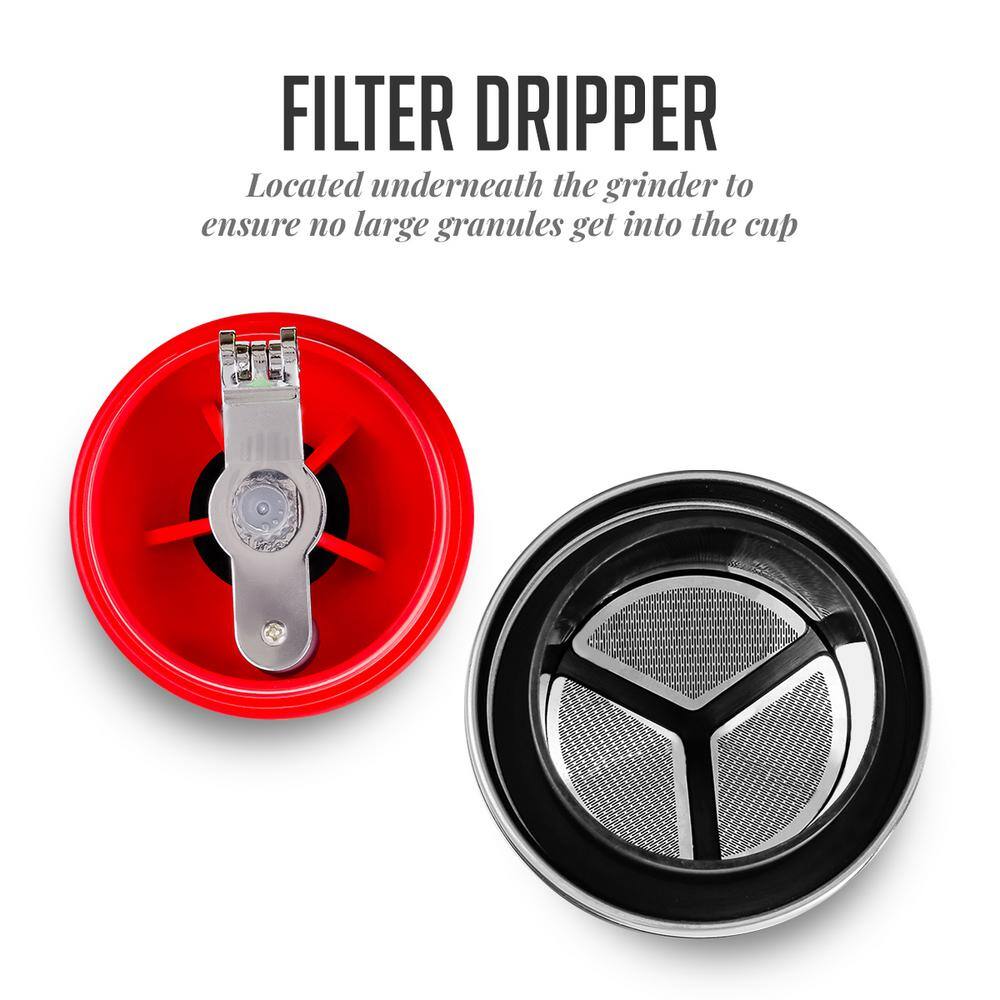 OVENTE Single Serve Red Coffee Grinder, 2-in-1 Carafe Coffee Maker Machine, With Insulated Cup