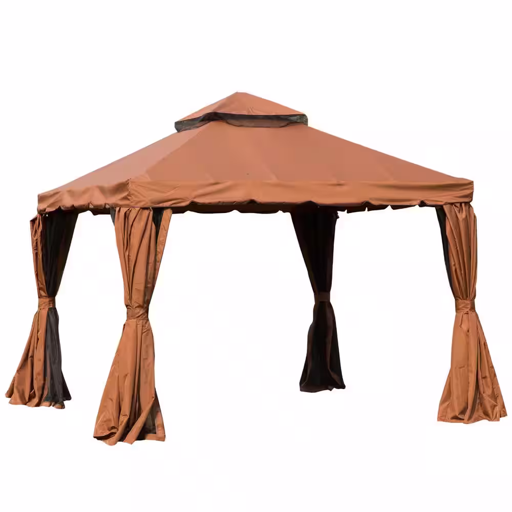 Outsunny 10 ft. x 10 ft. x 9 ft. Steel Frame Patio Gazebo with Beautiful Polyester Curtains and Air Venting Netted Screens, Brown