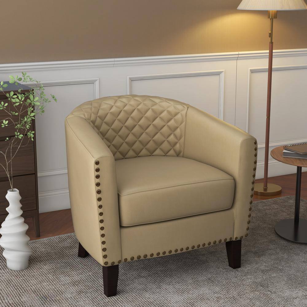 None Modern Beige Solid Wood Legs PU Leather Upholstered Accent Barrel Chair With Nailhead Trim