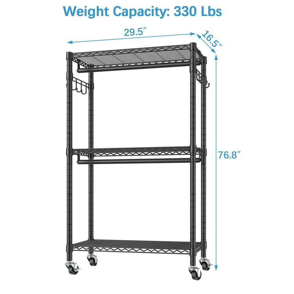 None Black Metal Garment Clothes Rack with Wheels 29.5 in. W x 76.8 in. H