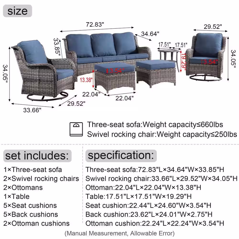 XIZZI Moonlight Gray 6-Piece Wicker Patio Conversation Seating Sofa Set with Denim Blue Cushions and Swivel Rocking Chairs