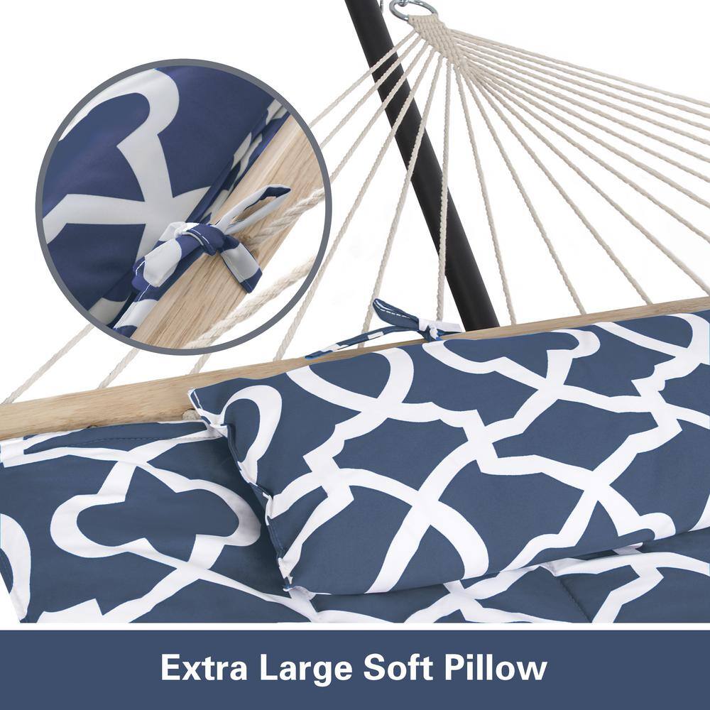 None 10 ft. x 12 ft. Quilted Rope Hammock and 12 ft. Steel Hammock Stand with Detachable Pillow, Blue Pattern