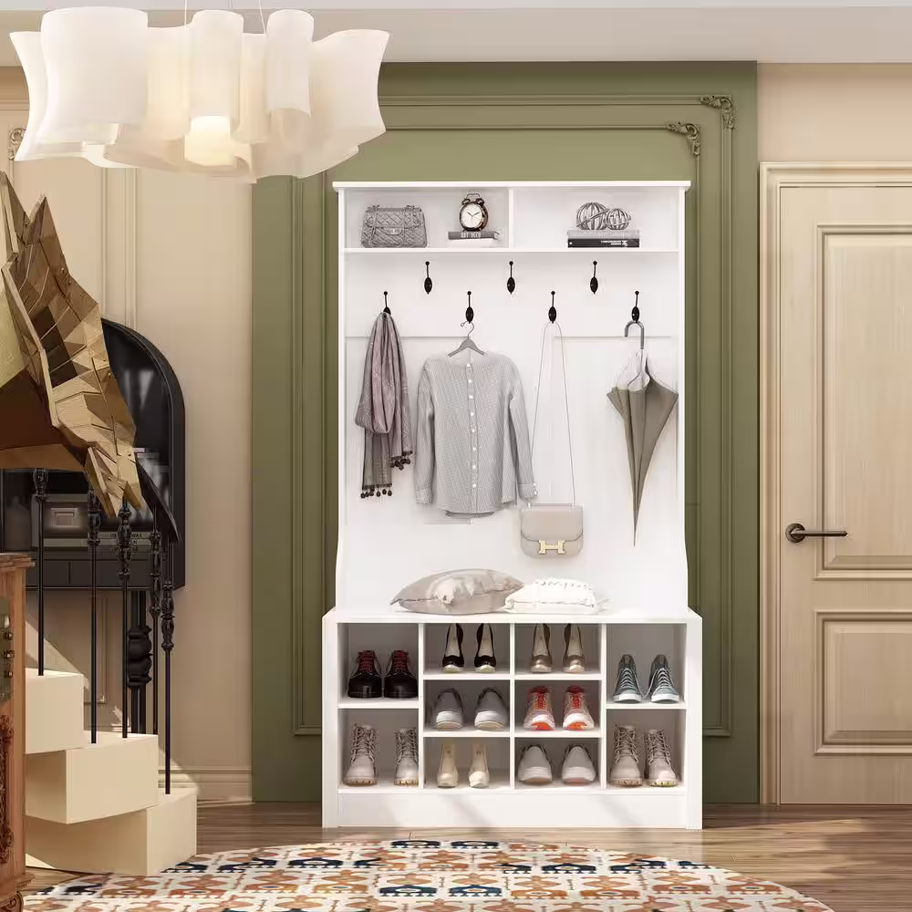 None 68.5 in. 3-in-1 Freestanding Coat Rack Storage Bench with 7-Metal Double Hooks and Shelves