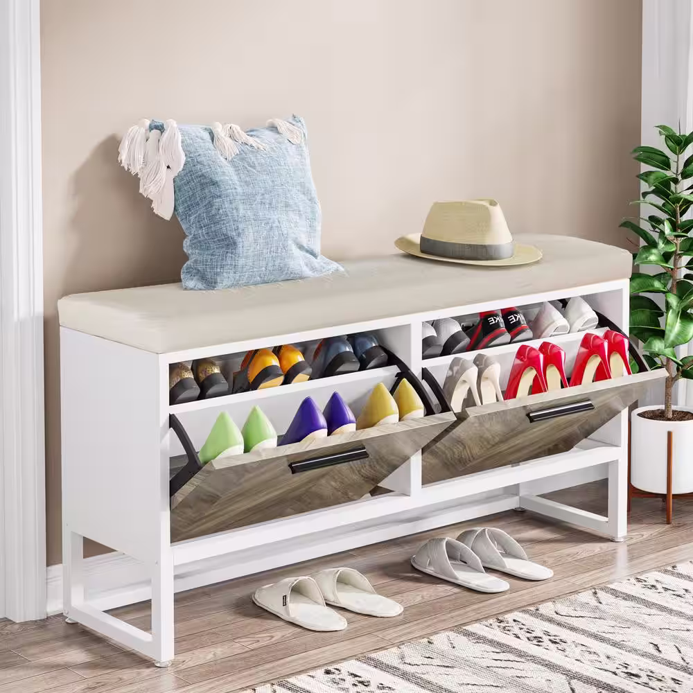None 23.8 in. H x 39.4 in. W White Wooden Shoe Storage Bench with Cushion, adjustable Shelves and Flip Drawers