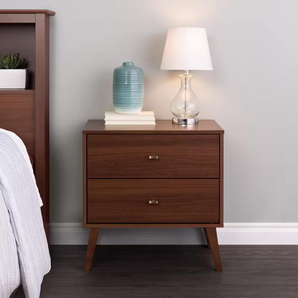 None Milo Mid Century Modern 2-Drawer Cherry Nightstand 25 in H x 24.75 in. W x 16 in. D