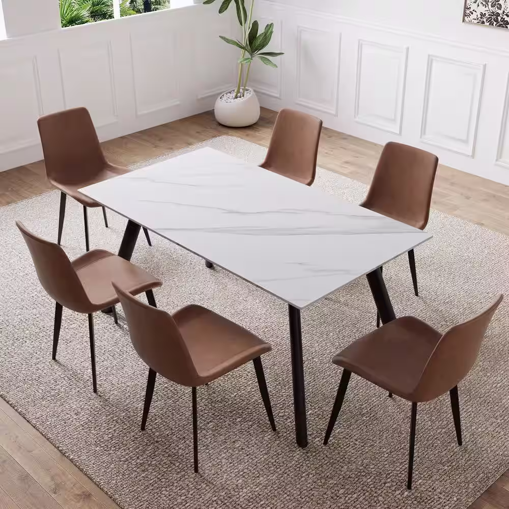 None 7-Piece White Slate Stone Dining Table Set with Rectangular Table and 6 Brown Dining Chairs