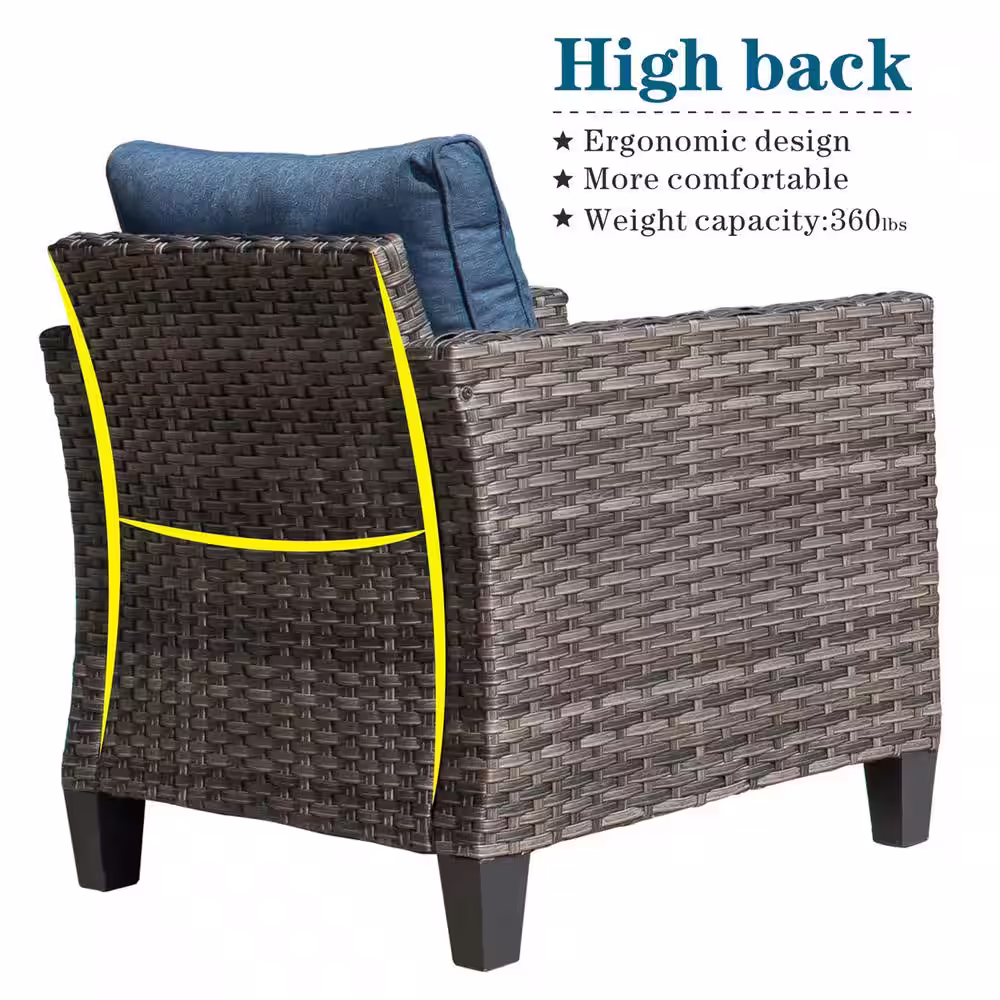 XIZZI Neptune Gray 8-Piece Wicker Patio Conversation Seating Sofa Set with Denim Blue Cushions and Swivel Rocking Chairs