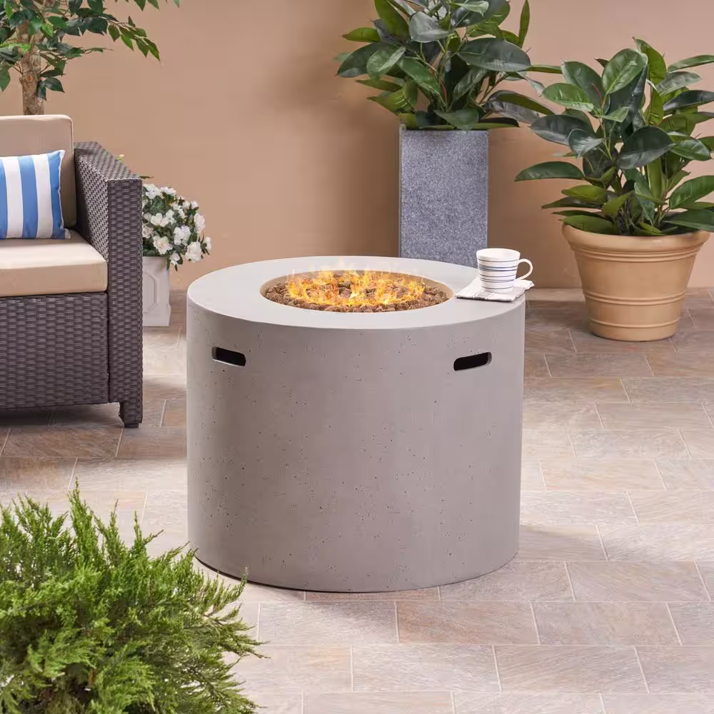 Noble House Zachary 31 in. x 24.5 in. Circular Concrete Propane Fire Pit in Light Gray