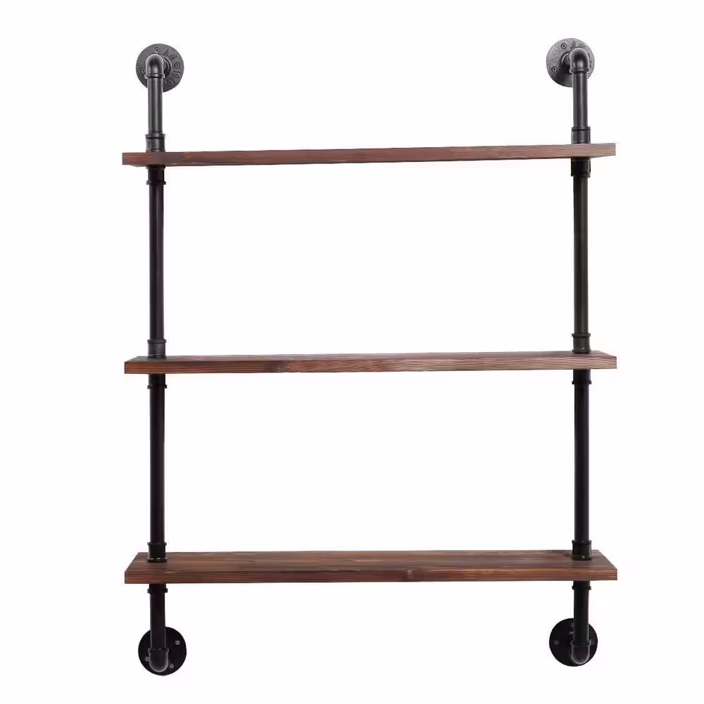 None 3-Tier Rustic Brown Industrial Wall-Mounted Pipe Shelf with Metal Frame Safe and Sturdy