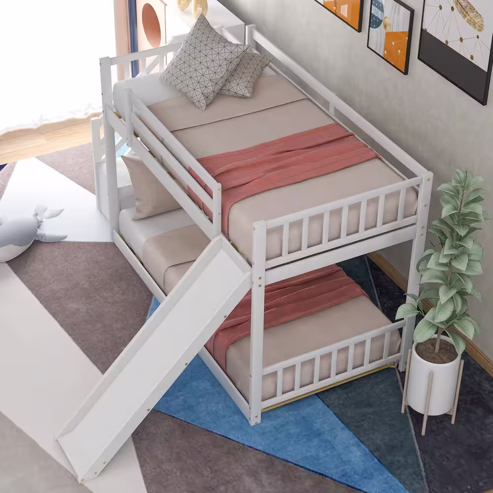 Harper & Bright Designs White Twin Over Twin Bunk Bed Daybed with Slide and Stairway