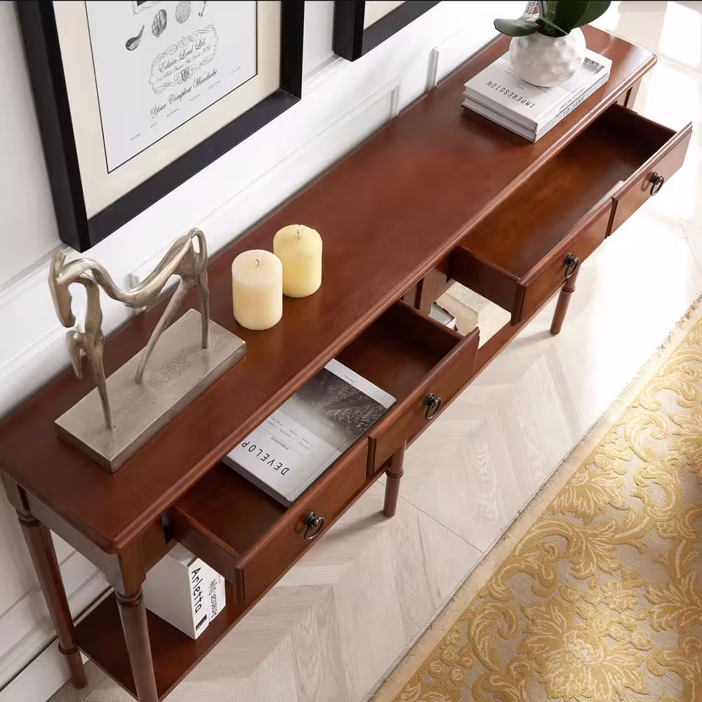 Leick Home Rich Pecan Brown Pecan Coastal Double Hall Console/Sofa Table with Display Shelf