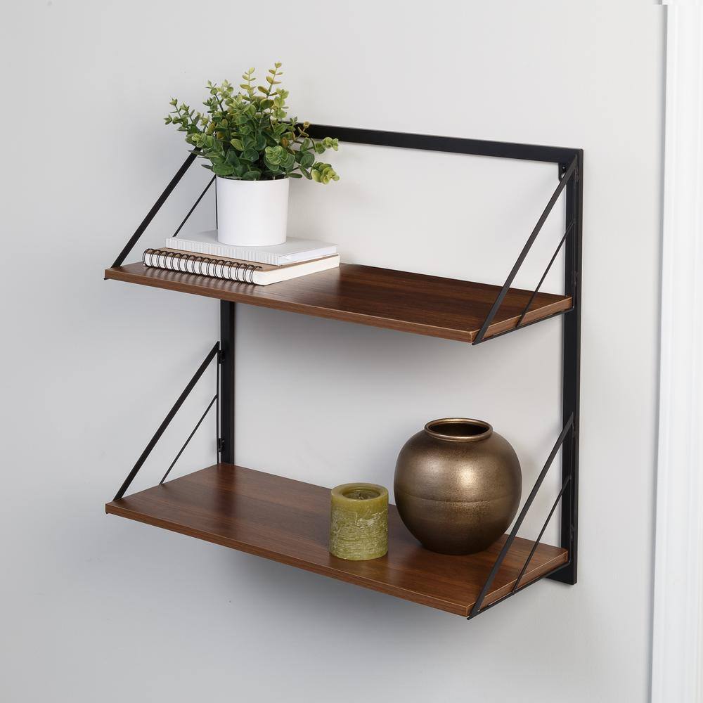 Honey-Can-Do Laundry Room Makeover 22 in. H x 24 in. W x 10 in. D 2-Tier Melamine and Steel Shelf in Black/Walnut