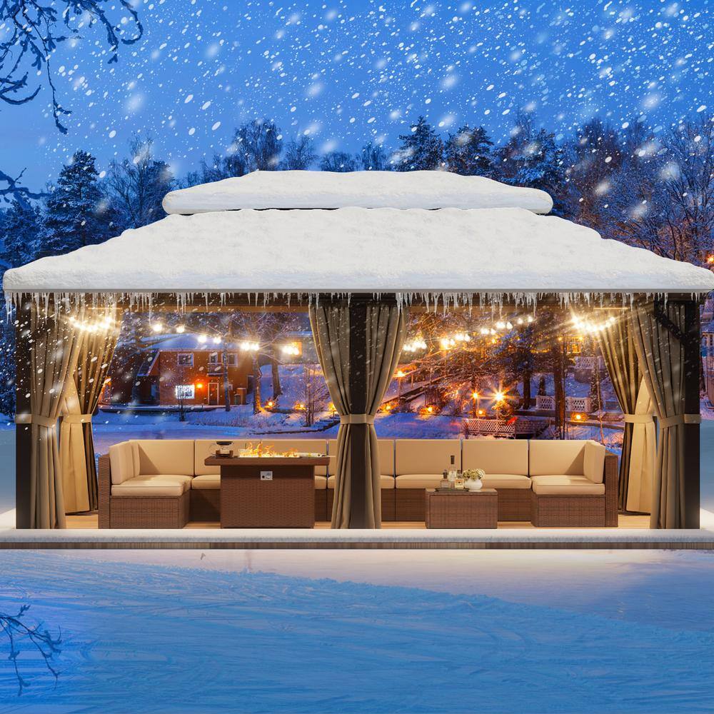 None 12 ft. x 20 ft. Hardtop Gazebo Double Roof Aluminum Frame with Privacy Curtain and Mosquito Net