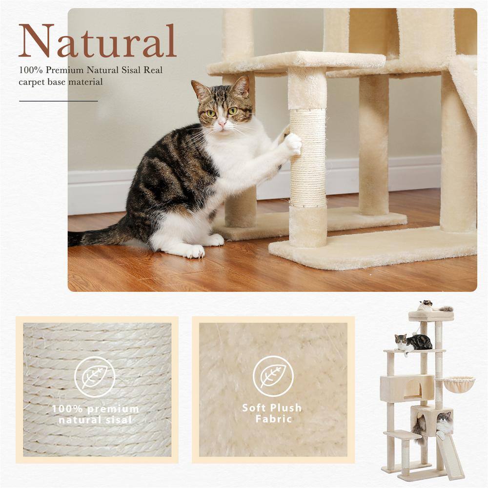 None Scratching Posts and Trees, Luxury Apartment-Style Catwalk, Cat House in Beige