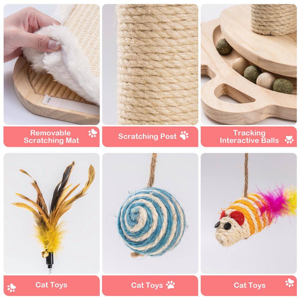 None 21.4 in. x 14.3 in. Wood Cat Ball Toy with Cat Scratching Post and 5 Interactive Balls
