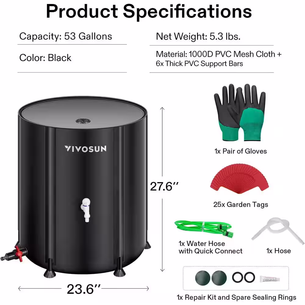VIVOSUN 53 Gal. Collapsible Rain Barrel with 2 Spigots and Overflow Kit in Black