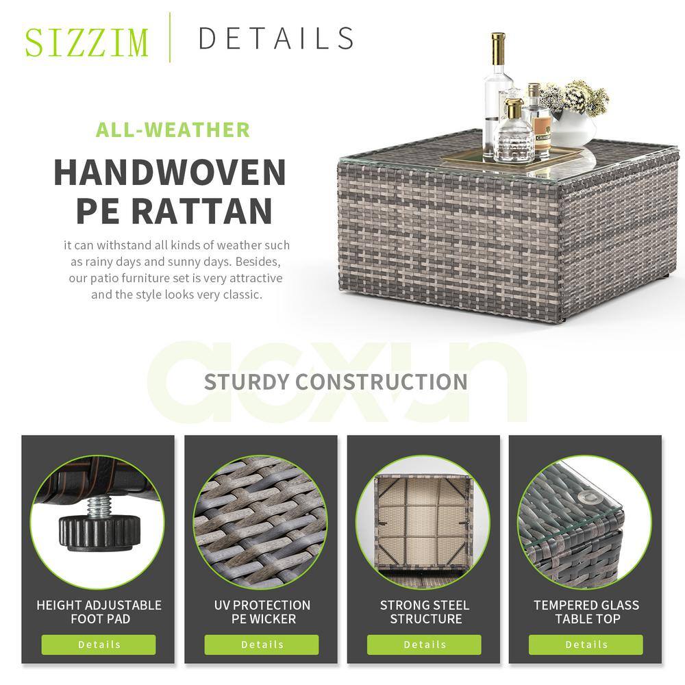 None 5-Piece Wicker Patio Set Conversation Set with Coffee Table, Grey Cushion