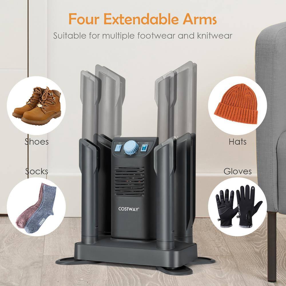 Costway 15 in. x 20.5 in. Plastic Electric Shoe Boot Dryer 4-Shoes with Ozone Disinfection 180-Minutes Timer Garment Rack Gray