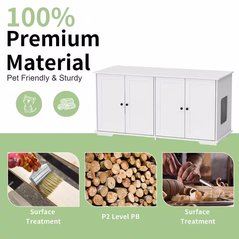 None Modern Cat Litter Box Enclosure for 2 Cats, Hidden Litter Box Furniture, Indoor Cat Storage Bench for Living Room, White