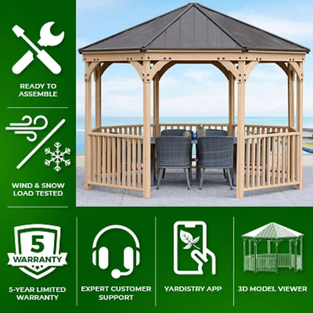 Yardistry Meridian 12 ft. Traditional Octagon Outdoor Patio Shade Gazebo with Brown Aluminum Roof and 36 in. Guard Rails