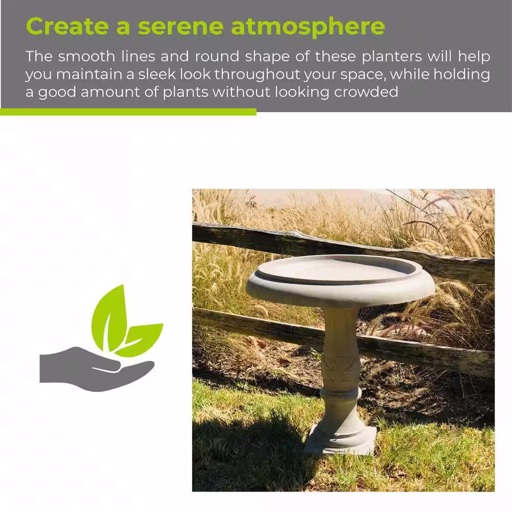 KANTE 22.8 in. Dia Weathered Concrete Lightweight Traditional Flower Pattern Birdbath