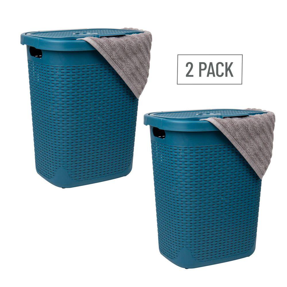Mind Reader Basket Collection, Slim Laundry Hamper, 50 Liter (15kg/33lbs) Capacity, Attached Hinged Lid, Set of 2, Blue
