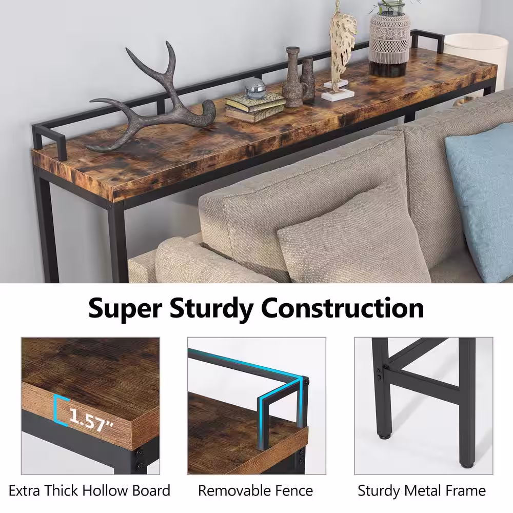 BYBLIGHT Elson 70.9 in. Rustic Brown Rectangle Wood Console Table Sofa Table Entryway Table Bar Table with Removable Fence