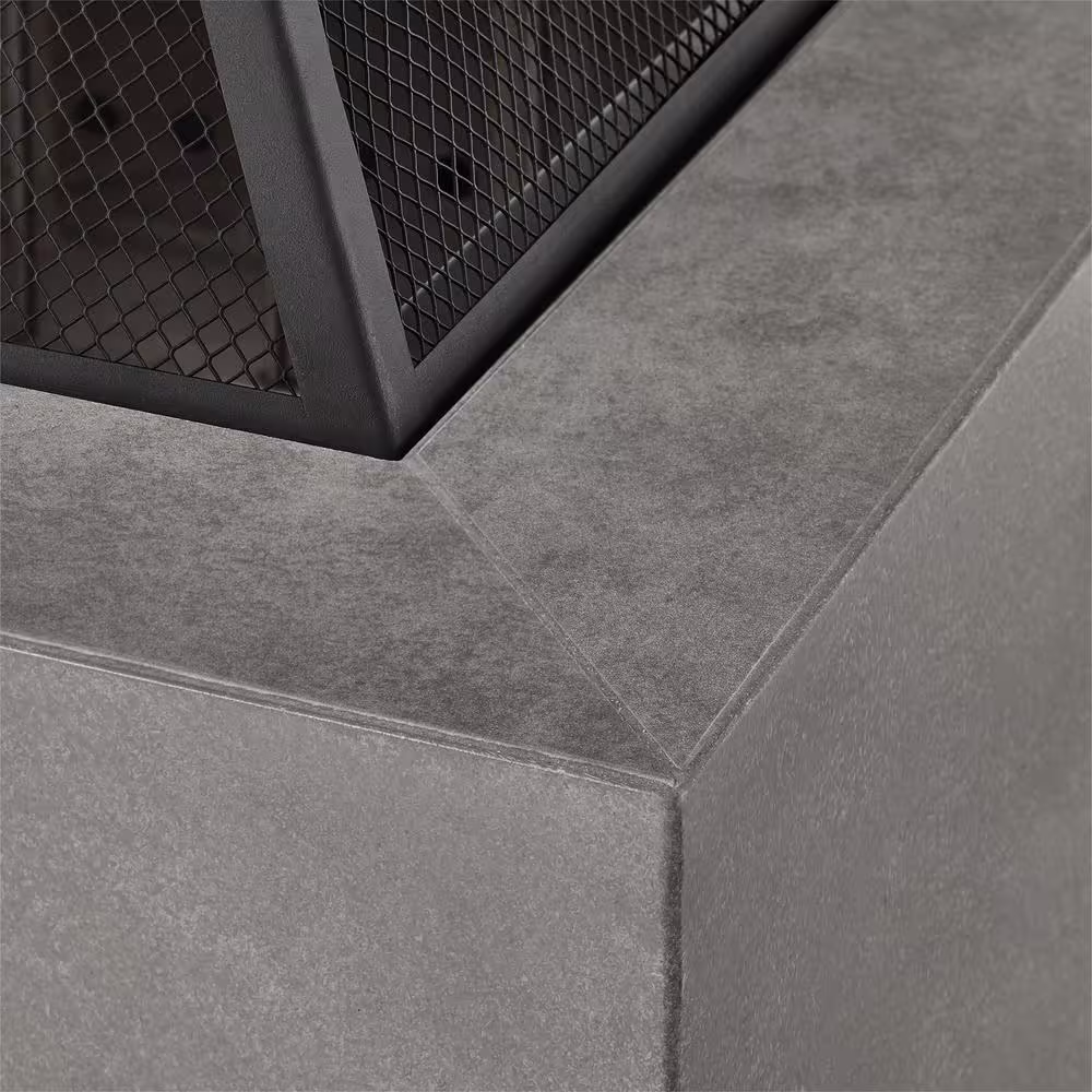 Hampton Bay Nickleby 33 in. Cube Steel Gray Low Smoke Wood Burning Fire Pit with Stainless Steel Bowl and Concrete Tile Top