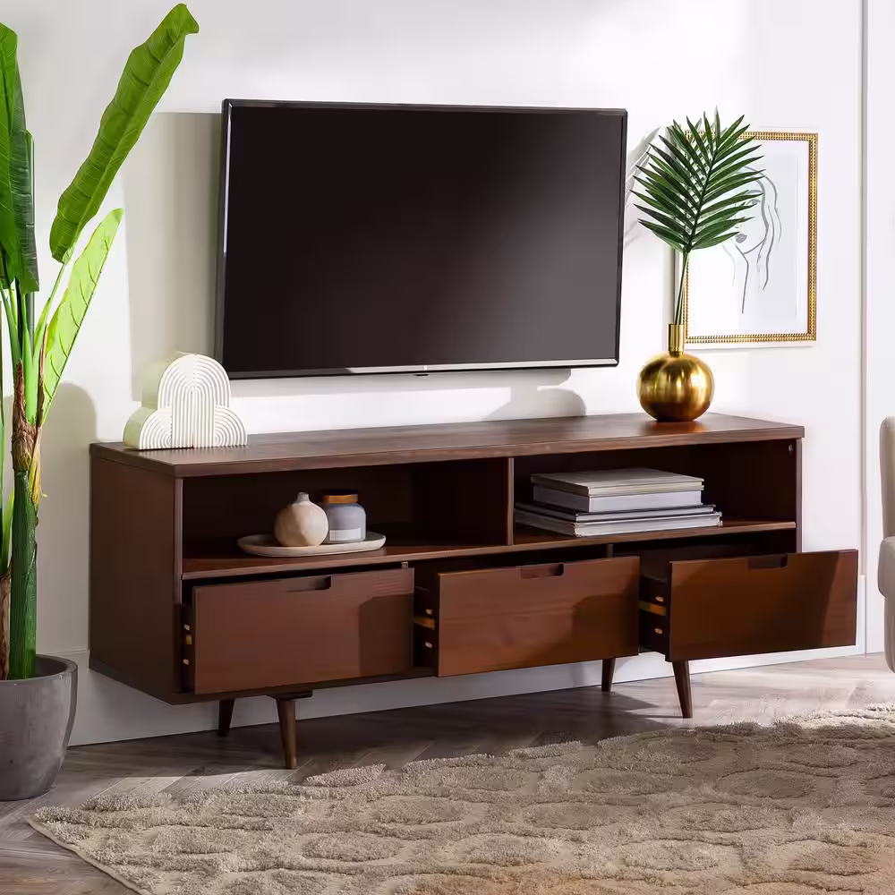 Walker Edison Furniture Company Ivy 58 in. Walnut Wood TV Stand with 3 Drawers Fits TVs Up to 64 in. with Cable Management