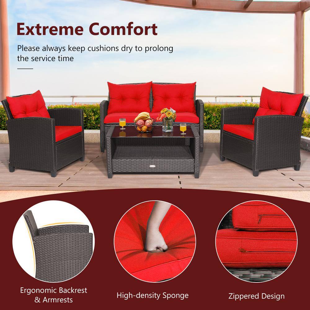 None 4-Piece Wicker Patio Conversation Set Chair Coffee Table Classic Furniture Set with Red Cushions