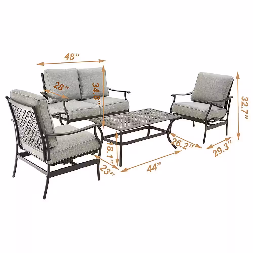 TOP HOME SPACE 4-Piece Metal Patio Conversation Set with Grey Cushions
