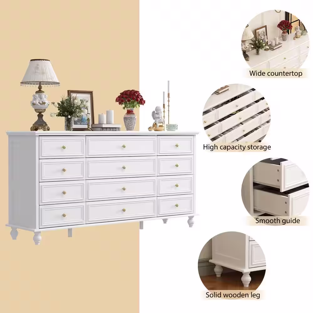 FUFU&GAGA White Wooden 12-Drawer Chest of Drawers 63 in. W x 31.5 in. H x 15.7 in. D Dresser, Modern European Style