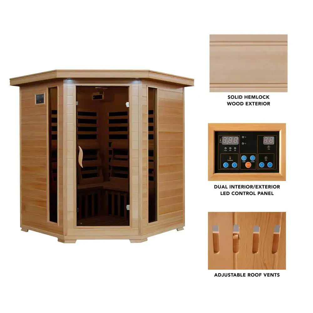 Radiant Sauna 4-Person Hemlock Corner Infrared Sauna with 10 Carbon Heaters