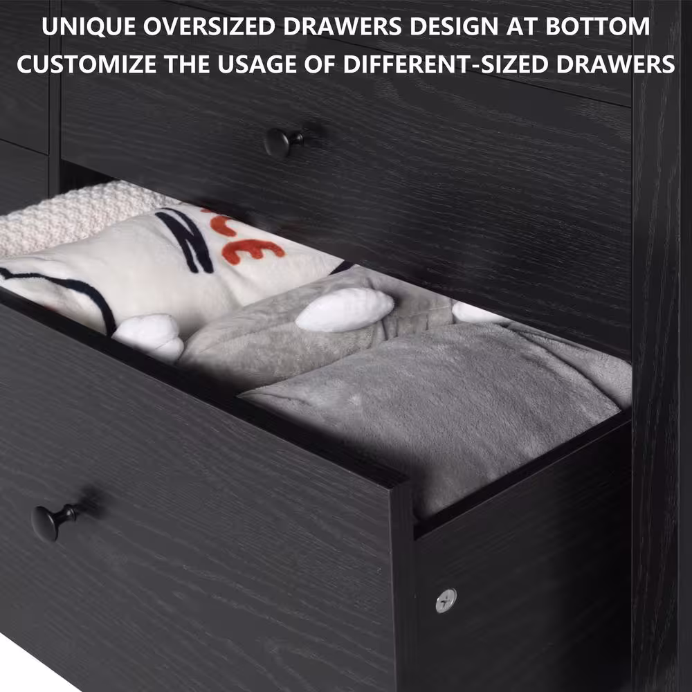 VEIKOUS 32.4 in. H x 15.8 in. L Black 6-Drawer 56 in. W Dresser Chest of Drawers Long Storage Dresser with 2-Oversized Drawers