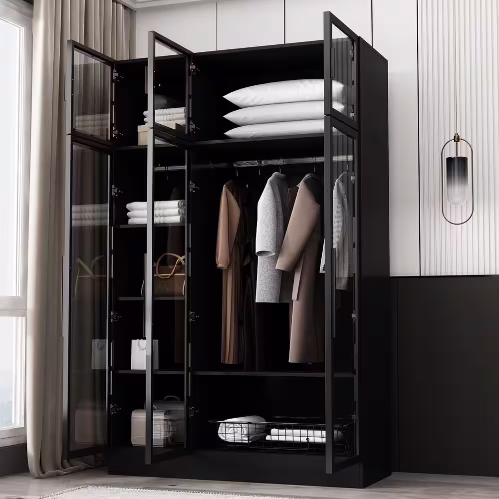 None Black Wood Glass Doors Armoires Metal Frame Wardwore with LED Lights, Hanging Rod (74.8 in. H x 47.2 in. W x 19.2 in. D)