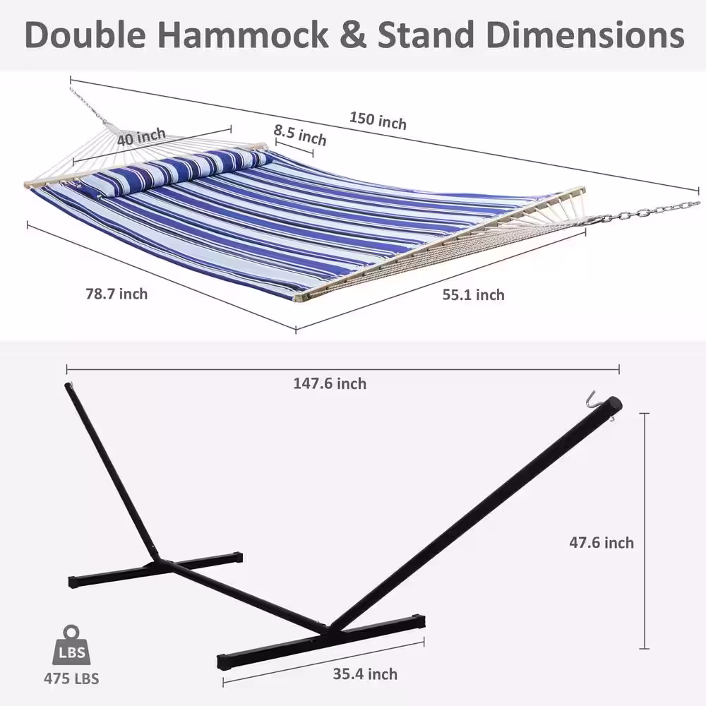 Atesun 12 ft. Free Standing, 475 lbs. Capacity, Heavy-Duty 2-Person Hammock with Stand and Detachable Pillow in Blue Stripes