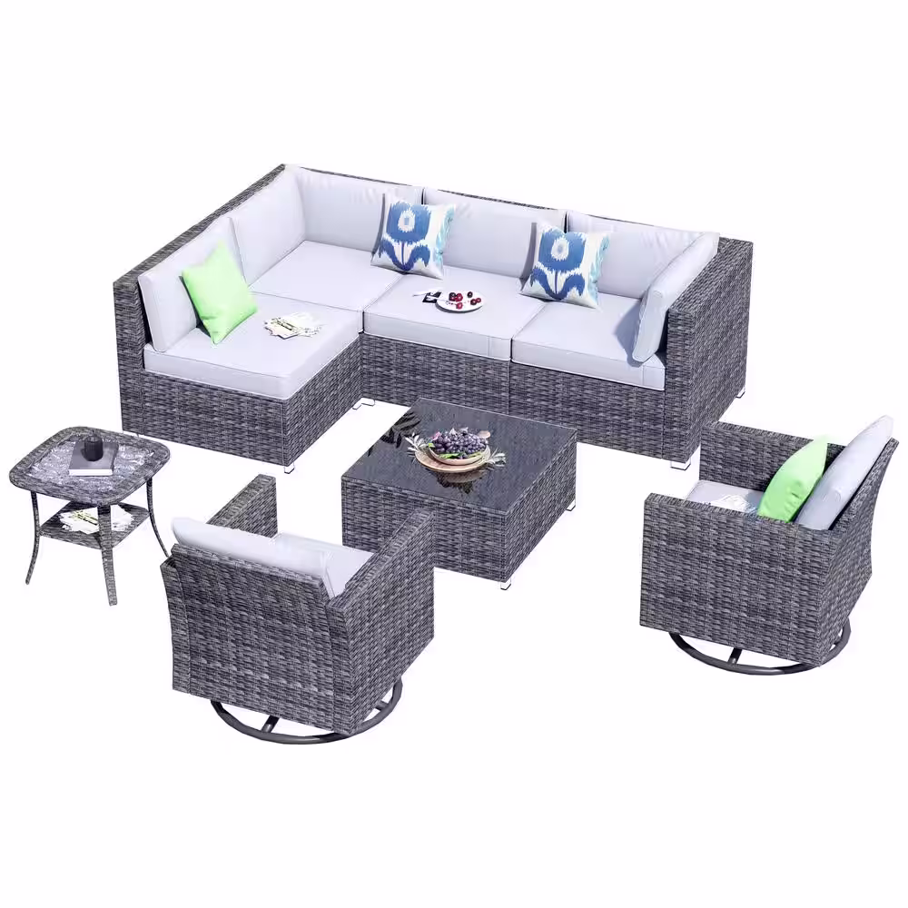 HOOOWOOO Messi Grey 8-Piece Wicker Outdoor Patio Conversation Sofa Seating Set with Swivel Rocking Chairs and Grey Cushions