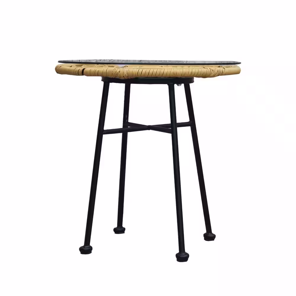 None Yellow 3-Piece Wicker Outdoor Bistro Patio Balcony Chair Table Set with Beige Cushion and Tempered Glass Table Top