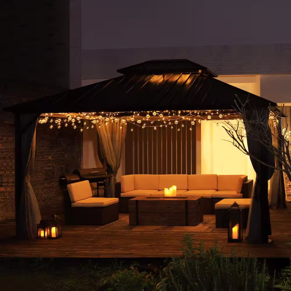 VEIKOUS 16 ft. x 12 ft. Aluminum Double Hardtop Gazebo with Grey Curtains and Netting