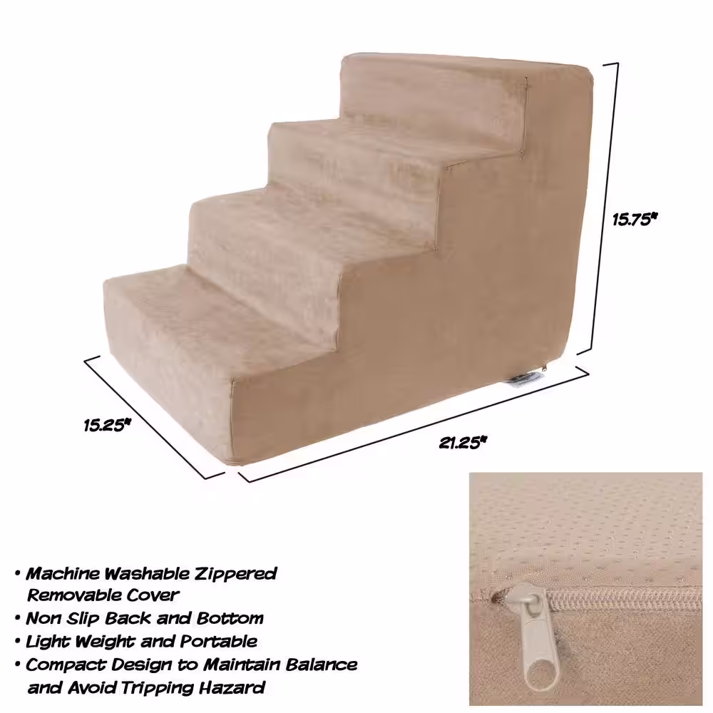 Pet Trex Tan High Density Foam Pet Stairs - 4 Steps with Machine Washable Furniture Cover and Nonslip Bottom