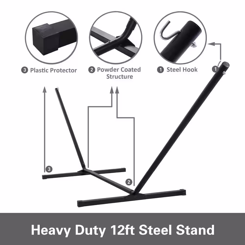 Atesun 10 ft. x 12 ft. Quilted Rope Hammock and 12 ft. Steel Stand with Detachable Pillow, Dark Gray